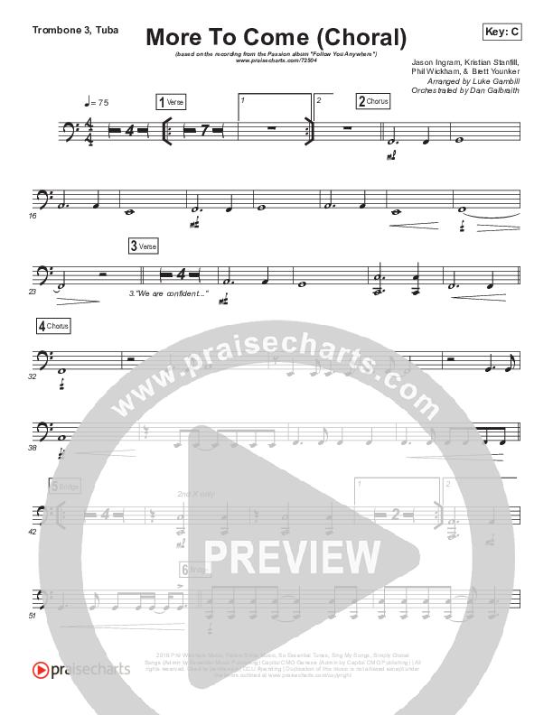 More To Come (Choral Anthem SATB) Trombone 3/Tuba (Passion / Kristian Stanfill / Arr. Luke Gambill)