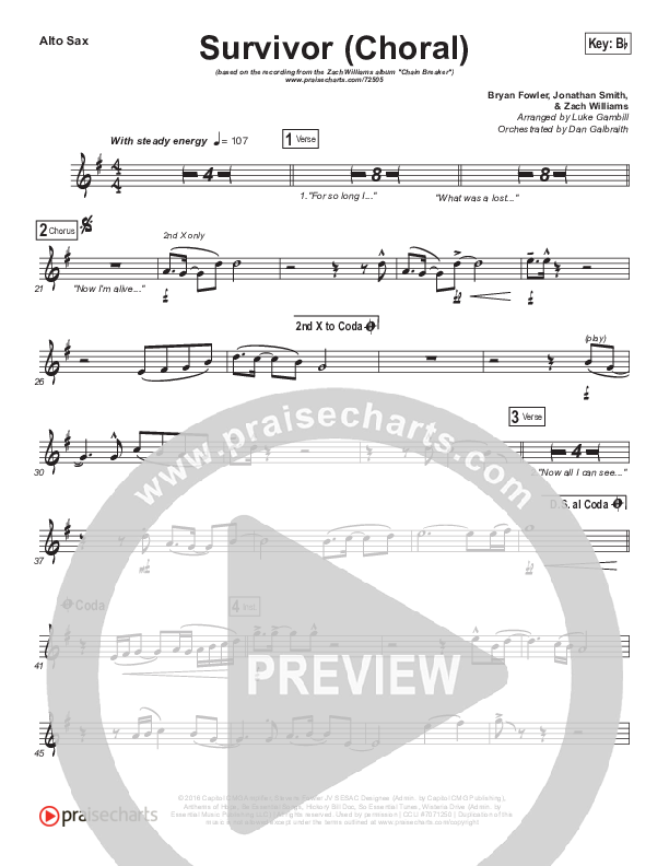 Survivor (Choral Anthem SATB) Alto Sax (Zach Williams / Arr. Luke Gambill)