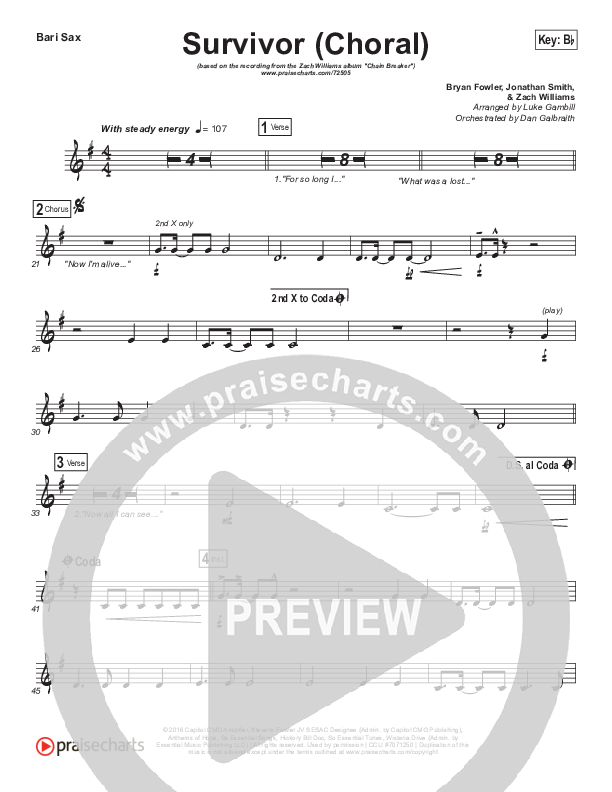 Survivor (Choral Anthem SATB) Bari Sax (Zach Williams / Arr. Luke Gambill)