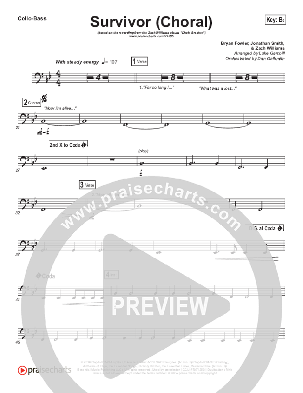Survivor (Choral Anthem SATB) Cello/Bass (Zach Williams / Arr. Luke Gambill)