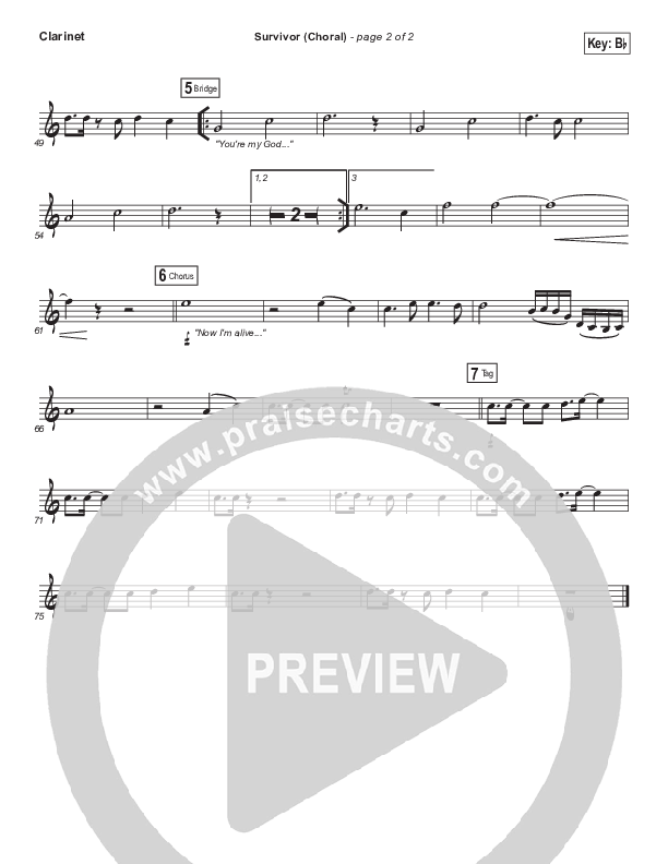 Survivor (Choral Anthem SATB) Clarinet (Zach Williams / Arr. Luke Gambill)