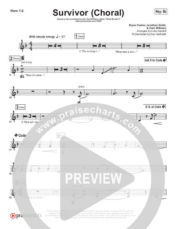 Survivor (Choral Anthem SATB) French Horn 1/2 (Zach Williams / Arr. Luke Gambill)
