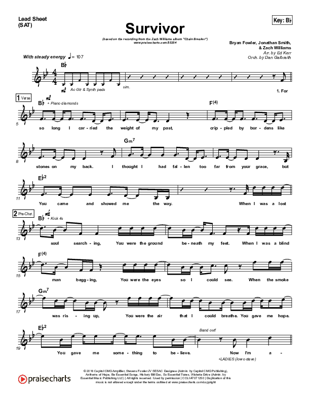 Survivor (Choral Anthem SATB) Lead Sheet (SAT) (Zach Williams / Arr. Luke Gambill)