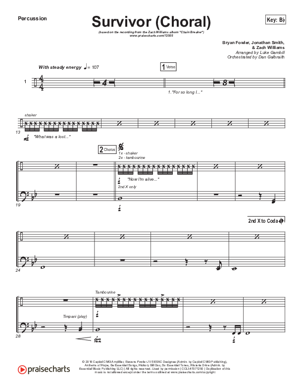 Survivor (Choral Anthem SATB) Percussion (Zach Williams / Arr. Luke Gambill)