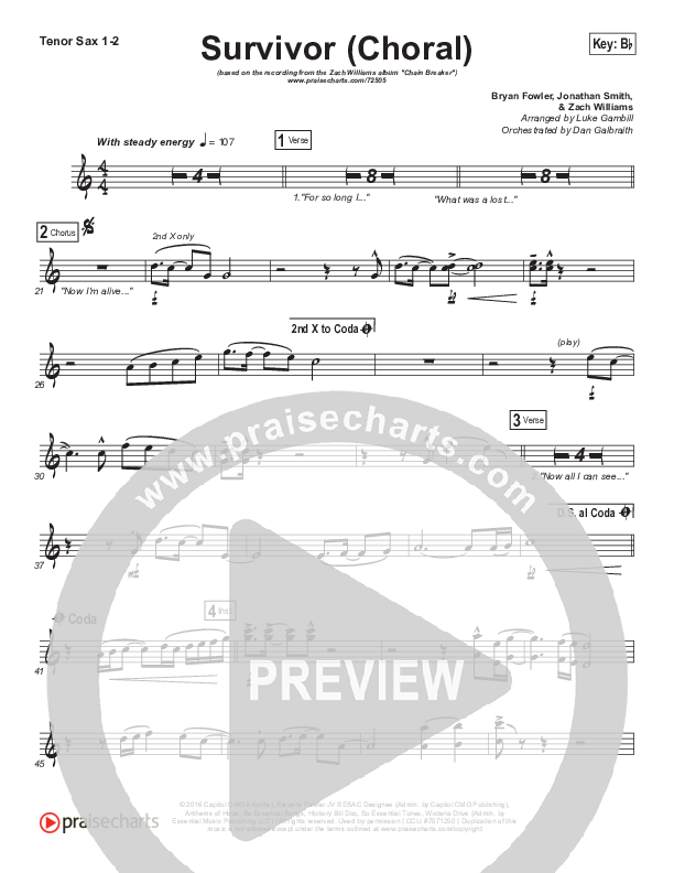 Survivor (Choral Anthem SATB) Tenor Sax 1/2 (Zach Williams / Arr. Luke Gambill)