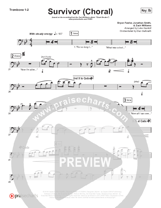 Survivor (Choral Anthem SATB) Trombone 1/2 (Zach Williams / Arr. Luke Gambill)