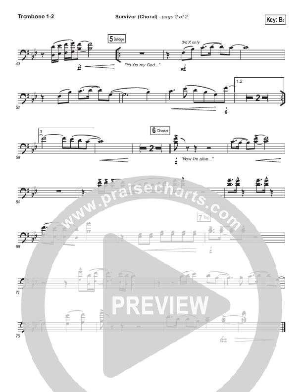 Survivor (Choral Anthem SATB) Trombone 1/2 (Zach Williams / Arr. Luke Gambill)