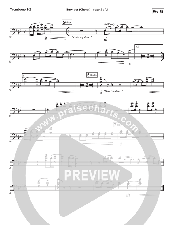Survivor (Choral Anthem SATB) Trombone 1/2 (Zach Williams / Arr. Luke Gambill)