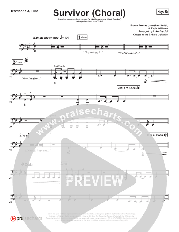Survivor (Choral Anthem SATB) Trombone 3/Tuba (Zach Williams / Arr. Luke Gambill)