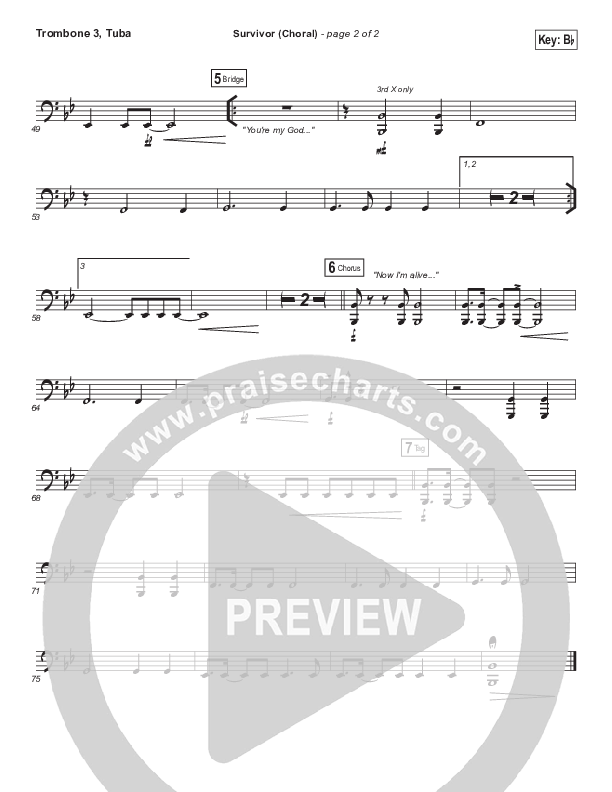 Survivor (Choral Anthem SATB) Trombone 3/Tuba (Zach Williams / Arr. Luke Gambill)