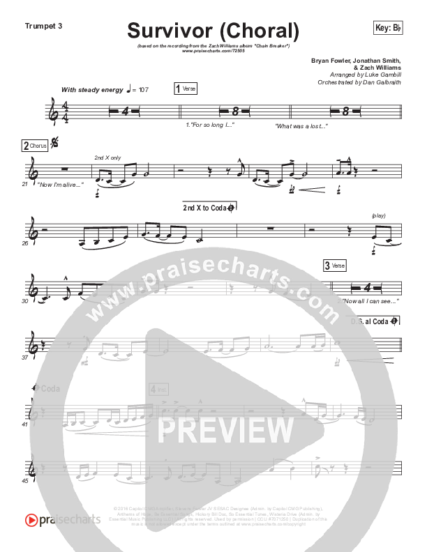 Survivor (Choral Anthem SATB) Trumpet 3 (Zach Williams / Arr. Luke Gambill)