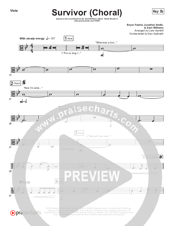 Survivor (Choral Anthem SATB) Viola (Zach Williams / Arr. Luke Gambill)