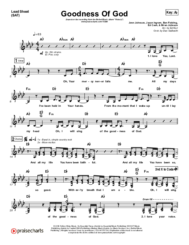 Goodness Of God (Choral Anthem SATB) Lead Sheet (SAT) (Bethel Music / Arr. Luke Gambill)