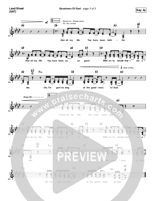 Goodness Of God (Choral Anthem SATB) Lead Sheet (SAT) (Bethel Music / Arr. Luke Gambill)
