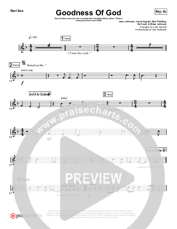 Goodness Of God (Choral Anthem SATB) Bari Sax (Bethel Music / Arr. Luke Gambill)