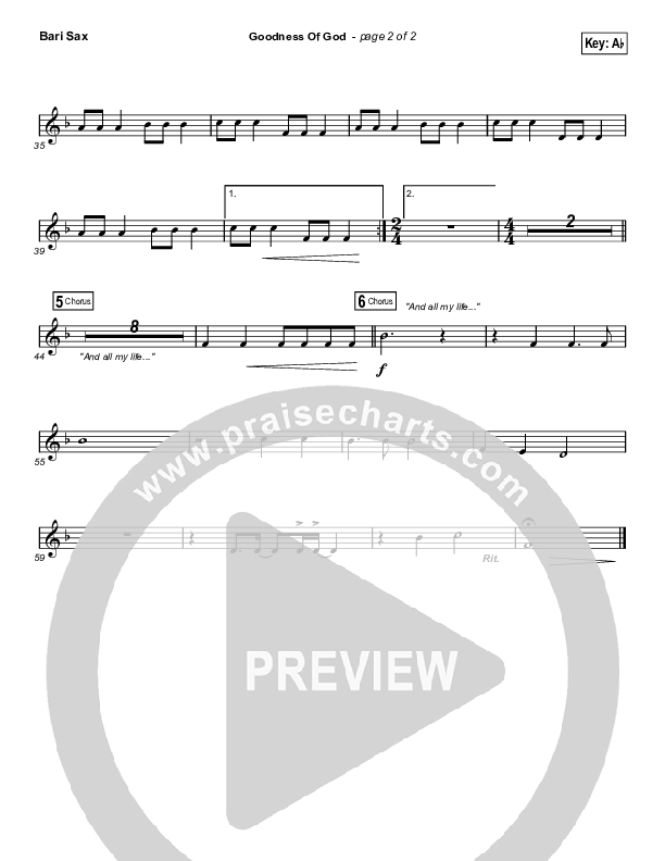 Goodness Of God (Choral Anthem SATB) Bari Sax (Bethel Music / Arr. Luke Gambill)