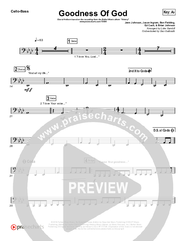 Goodness Of God (Choral Anthem SATB) Cello/Bass (Bethel Music / Arr. Luke Gambill)