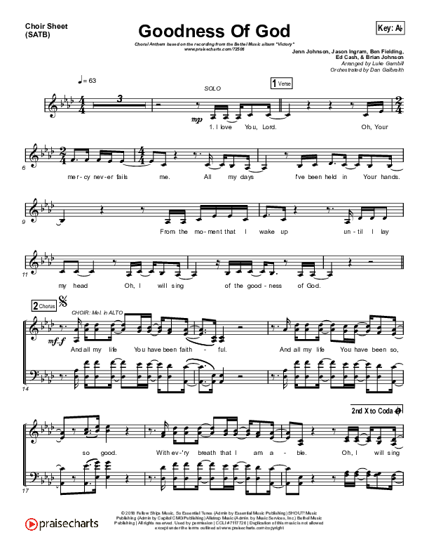 Goodness Of God (Choral Anthem SATB) Choir Sheet (SATB) (Bethel Music / Arr. Luke Gambill)
