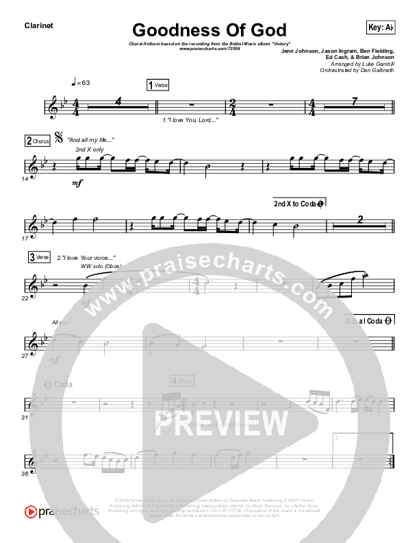 Goodness Of God (Choral Anthem SATB) Clarinet 1,2 (Bethel Music / Arr. Luke Gambill)
