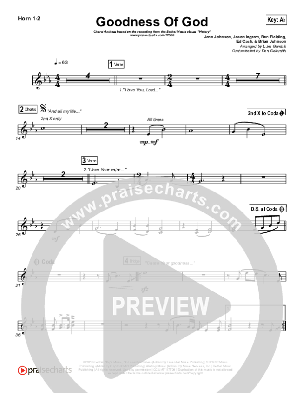 Goodness Of God (Choral Anthem SATB) French Horn 1,2 (Bethel Music / Arr. Luke Gambill)