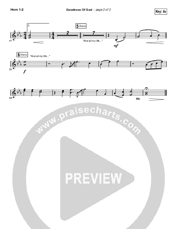 Goodness Of God (Choral Anthem SATB) French Horn 1,2 (Bethel Music / Arr. Luke Gambill)