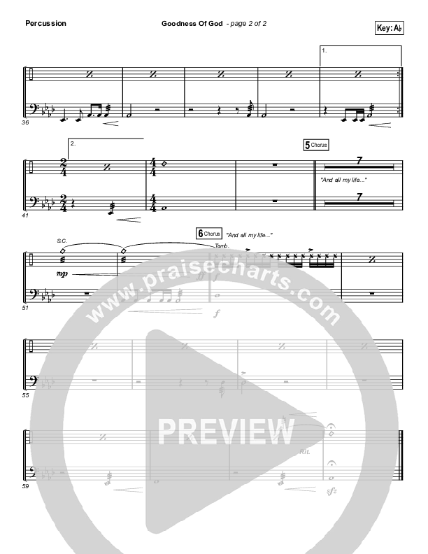 Goodness Of God (Choral Anthem SATB) Percussion (Bethel Music / Arr. Luke Gambill)