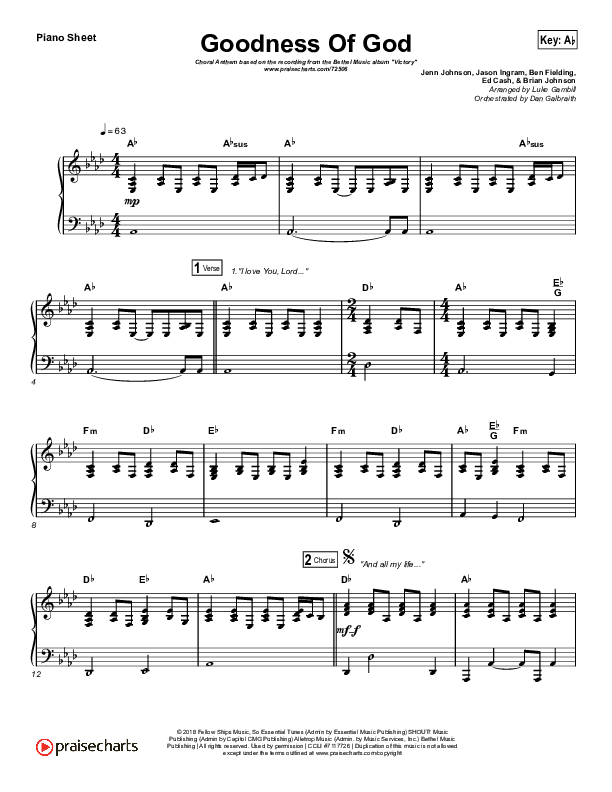 Goodness Of God (Choral Anthem SATB) Piano Sheet (Bethel Music / Arr. Luke Gambill)