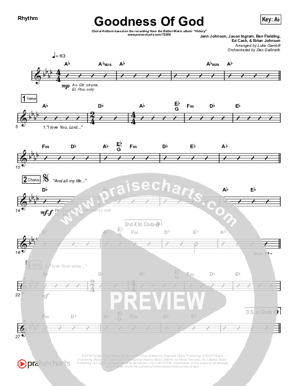Goodness Of God (Choral Anthem SATB) Rhythm Chart (Bethel Music / Arr. Luke Gambill)