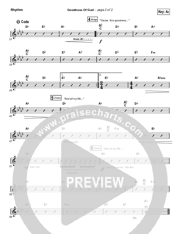 Goodness Of God (Choral Anthem SATB) Rhythm Chart (Bethel Music / Arr. Luke Gambill)