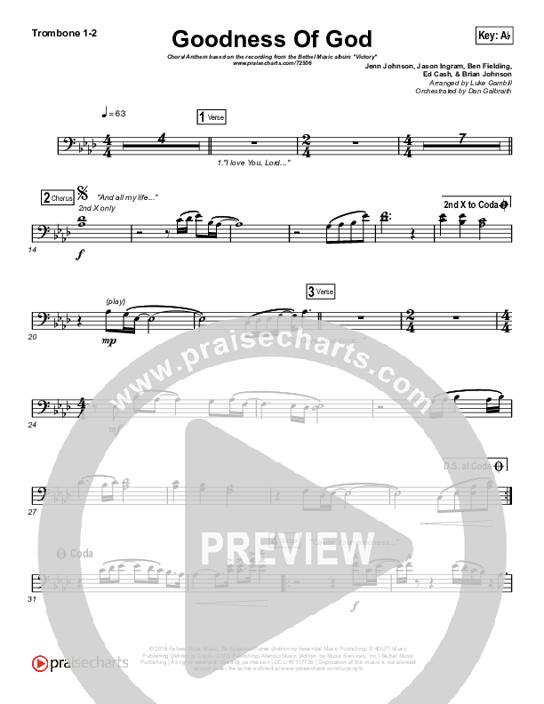 Goodness Of God (Choral Anthem SATB) Trombone 1/2 (Bethel Music / Arr. Luke Gambill)