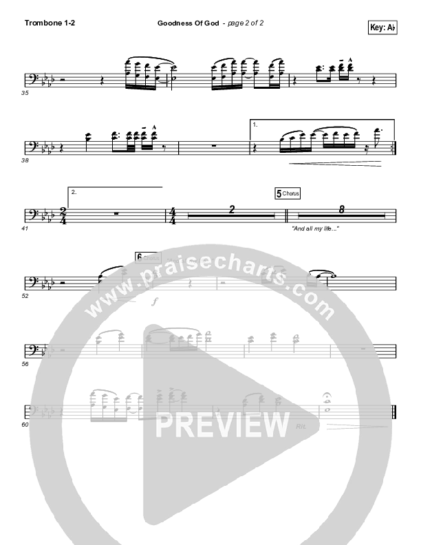 Goodness Of God (Choral Anthem SATB) Trombone 1/2 (Bethel Music / Arr. Luke Gambill)