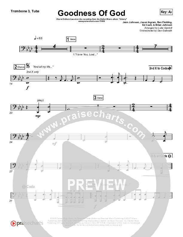 Goodness Of God (Choral Anthem SATB) Trombone 3/Tuba (Bethel Music / Arr. Luke Gambill)