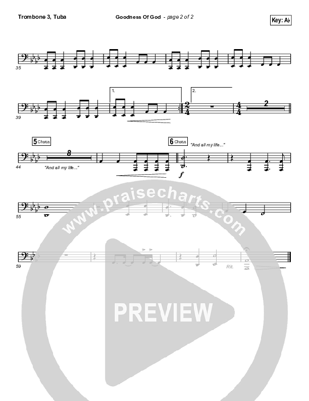 Goodness Of God (Choral Anthem SATB) Trombone 3/Tuba (Bethel Music / Arr. Luke Gambill)