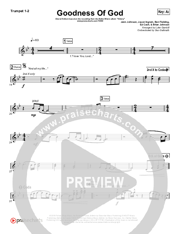 Goodness Of God (Choral Anthem SATB) Trumpet 1,2 (Bethel Music / Arr. Luke Gambill)