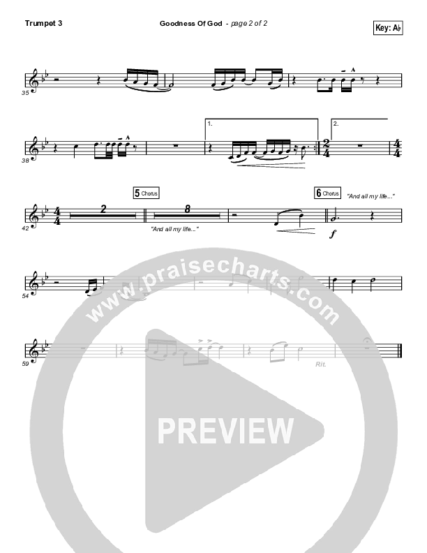 Goodness Of God (Choral Anthem SATB) Trumpet 3 (Bethel Music / Arr. Luke Gambill)