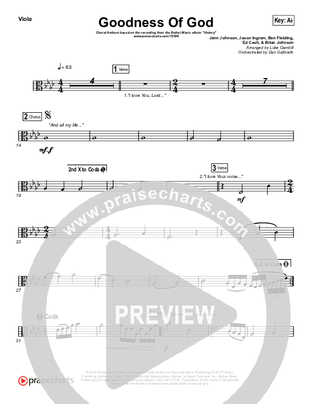 Goodness Of God (Choral Anthem SATB) Viola (Bethel Music / Arr. Luke Gambill)