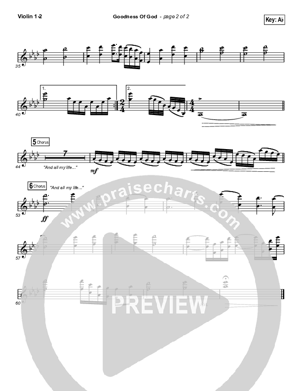 Goodness Of God (Choral Anthem SATB) Violin 1,2 (Bethel Music / Arr. Luke Gambill)