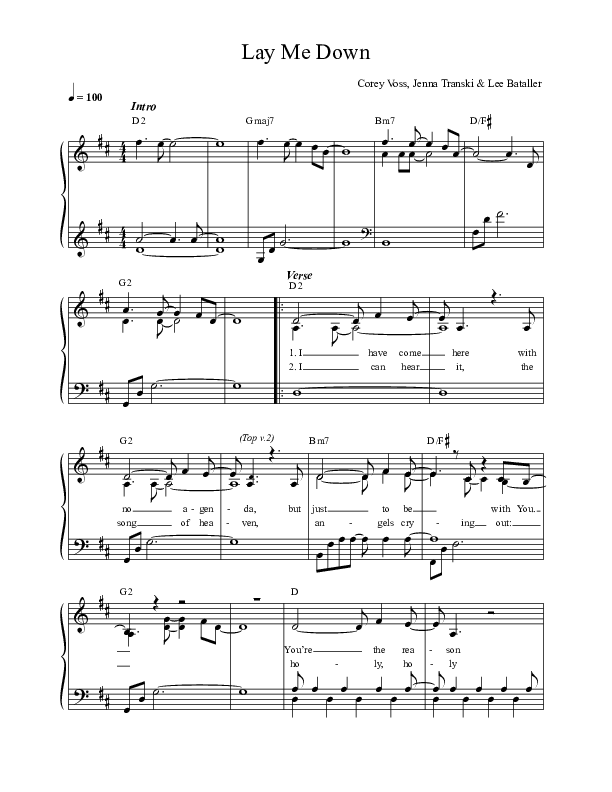 Lay Me Down Lead Sheet (Corey Voss / Madison Street Worship / Jenna Transki / Lee Bataller)