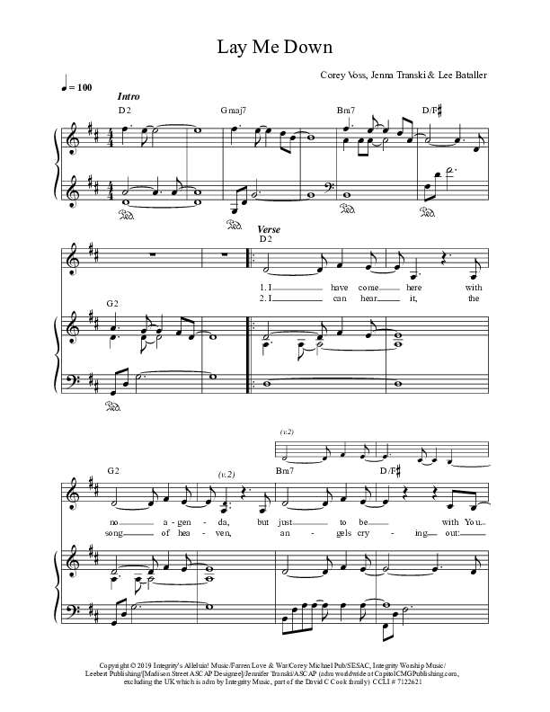 Lay Me Down Piano/Vocal (Corey Voss / Madison Street Worship / Jenna Transki / Lee Bataller)