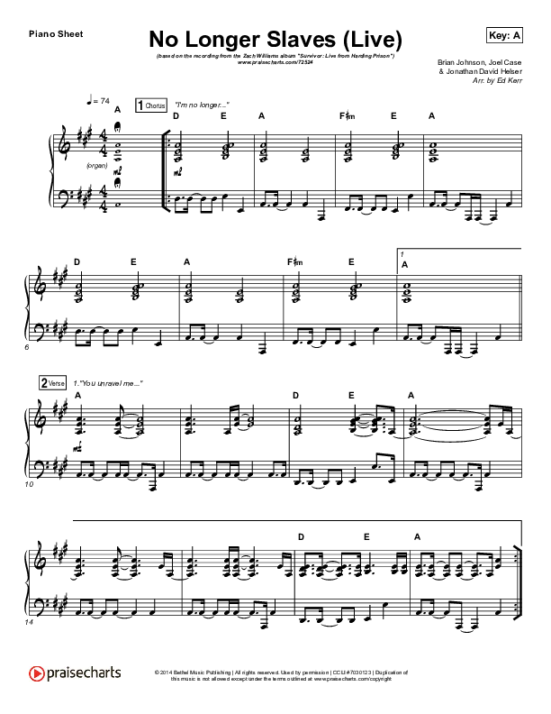 No Longer Slaves Piano Sheet (Zach Williams)