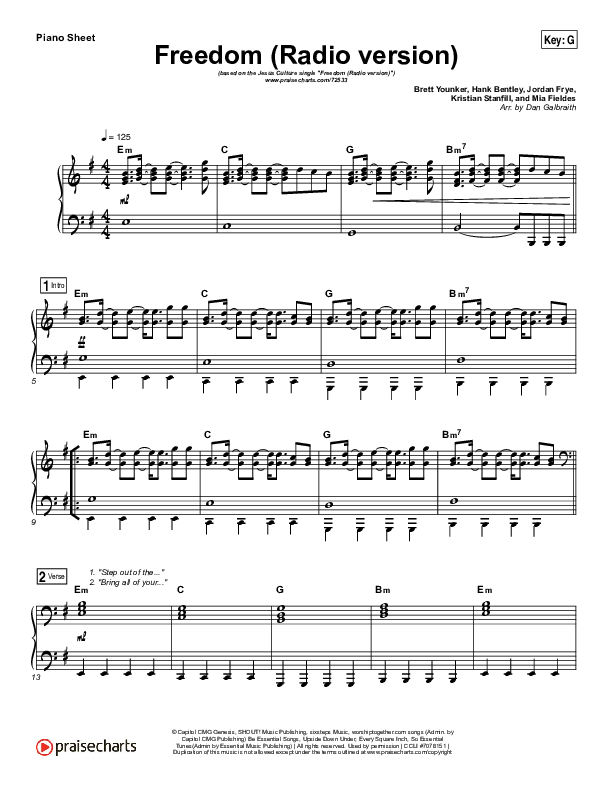 Freedom (Radio) Piano Sheet (Jesus Culture / Kim Walker-Smith)