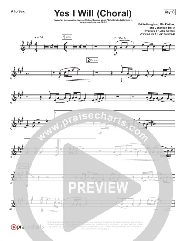 Yes I Will (Choral Anthem SATB) Alto Sax (Vertical Worship / Arr. Luke Gambill)