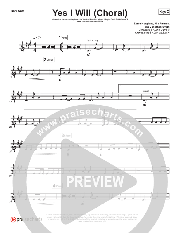 Yes I Will (Choral Anthem SATB) Bari Sax (Vertical Worship / Arr. Luke Gambill)