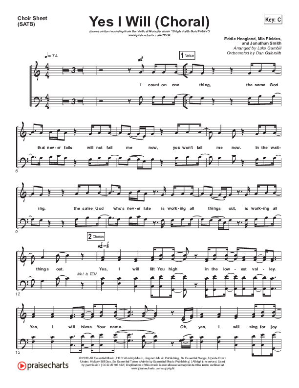 Yes I Will (Choral Anthem SATB) Choir Sheet (SATB) (Vertical Worship / Arr. Luke Gambill)