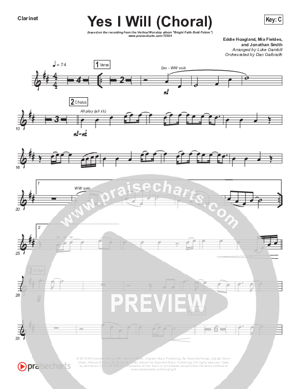 Yes I Will (Choral Anthem SATB) Clarinet (Vertical Worship / Arr. Luke Gambill)