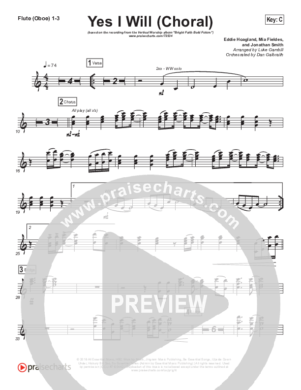 Yes I Will (Choral Anthem SATB) Flute/Oboe 1/2/3 (Vertical Worship / Arr. Luke Gambill)