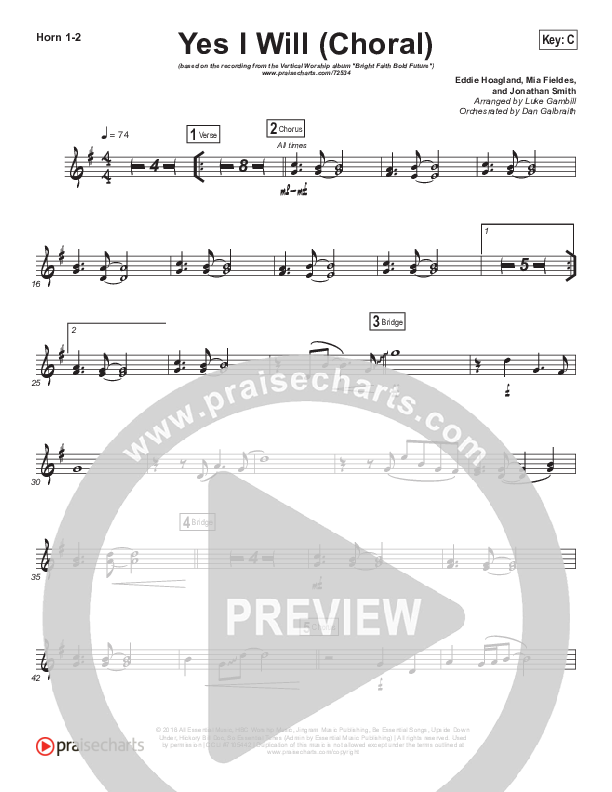 Yes I Will (Choral Anthem SATB) French Horn 1/2 (Vertical Worship / Arr. Luke Gambill)