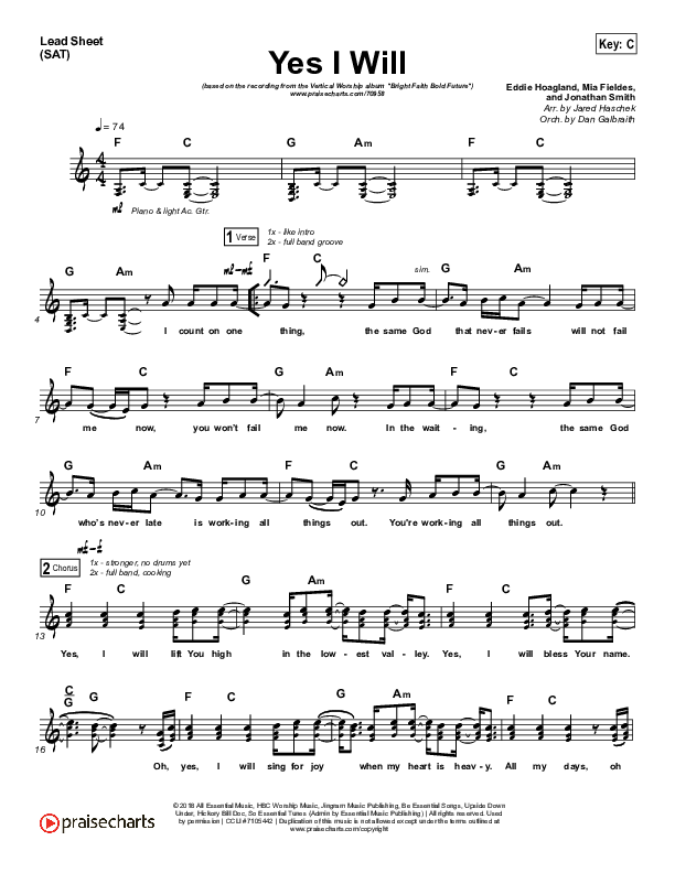 Yes I Will (Choral Anthem SATB) Lead Sheet (SAT) (Vertical Worship / Arr. Luke Gambill)