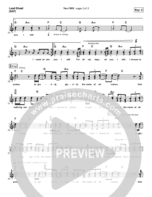 Yes I Will (Choral Anthem SATB) Lead Sheet (SAT) (Vertical Worship / Arr. Luke Gambill)