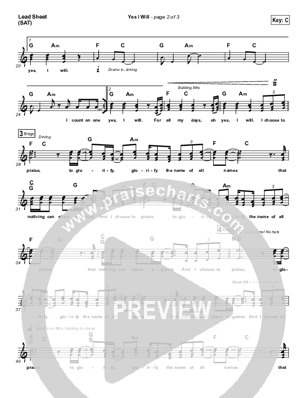 Yes I Will (Choral Anthem SATB) Lead Sheet (SAT) (Vertical Worship / Arr. Luke Gambill)